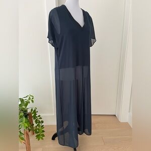 ZARA Long Sheer Tunic Partial Lining Front Slit Short Sleeve V Neck Lagenlook